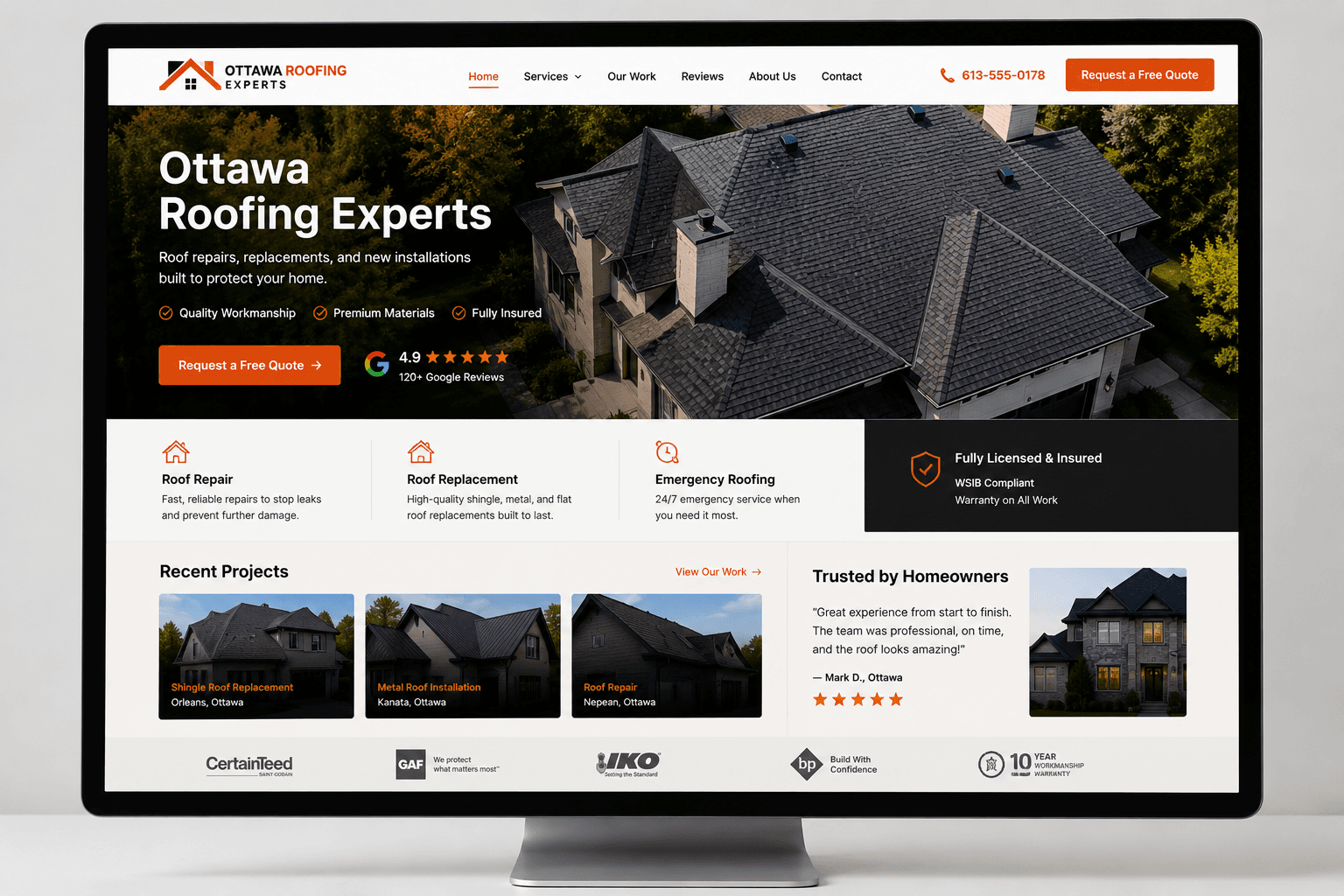 Example website for a roofing company built by TrueScaleTech